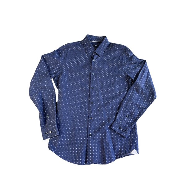 Hugo Boss Mens Navy Polka Dot Button-Down Shirt Regular Fit Medium Seersucker - Picture 2 of 9